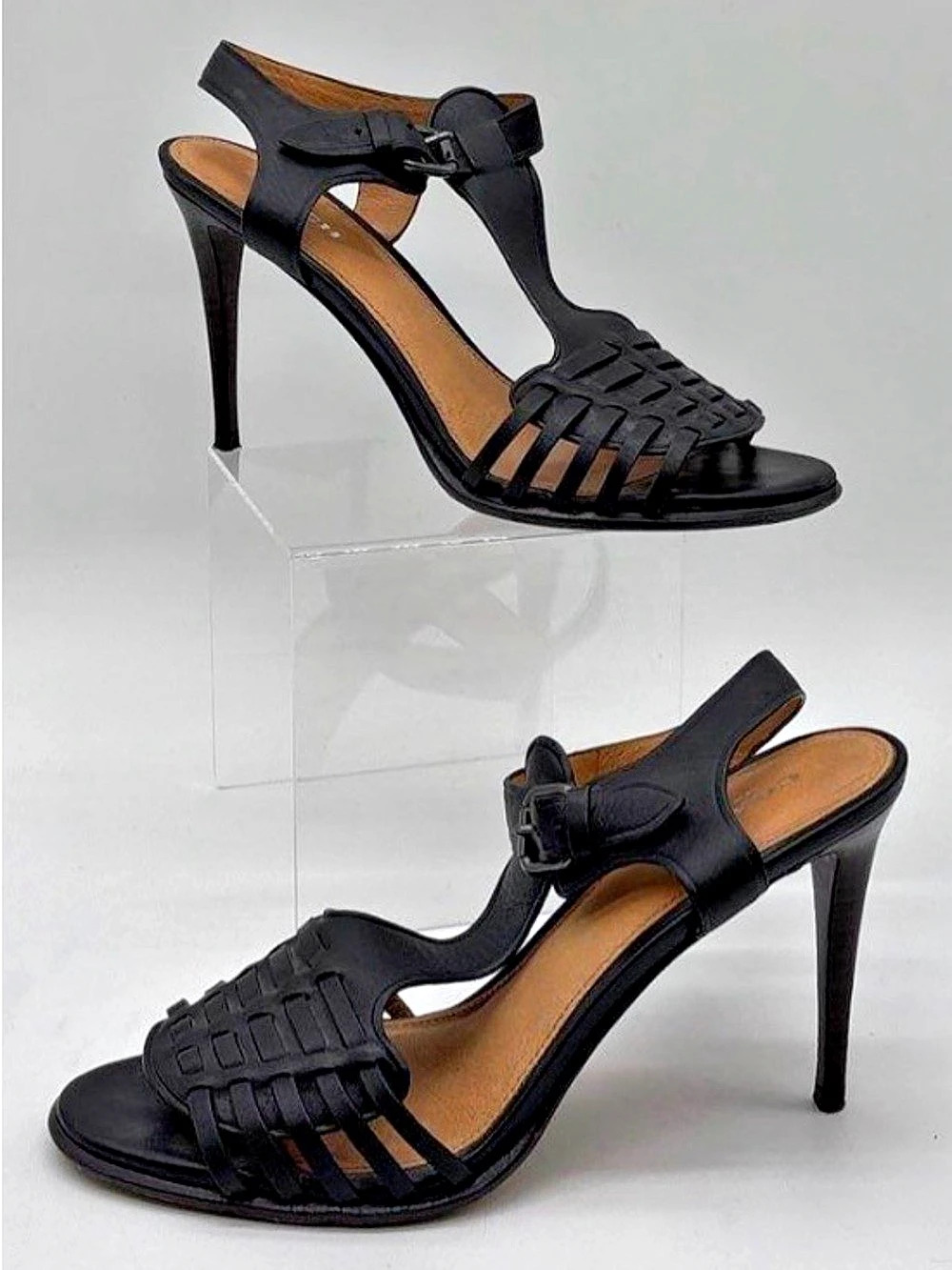 Coach, Izzy Black Leather Cage Stiletto Heel Sandals Size 8B